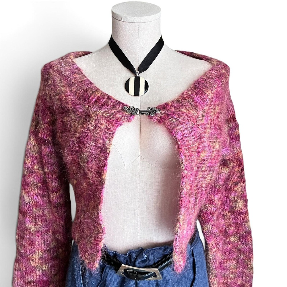 Hand Knit Pink & Beige Mohair Cropped Bolero Shrug Sweater S/M - Picture 2 of 10